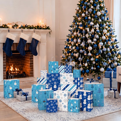 Blue Toile Christmas Kraft Gift Bags, Set of 18