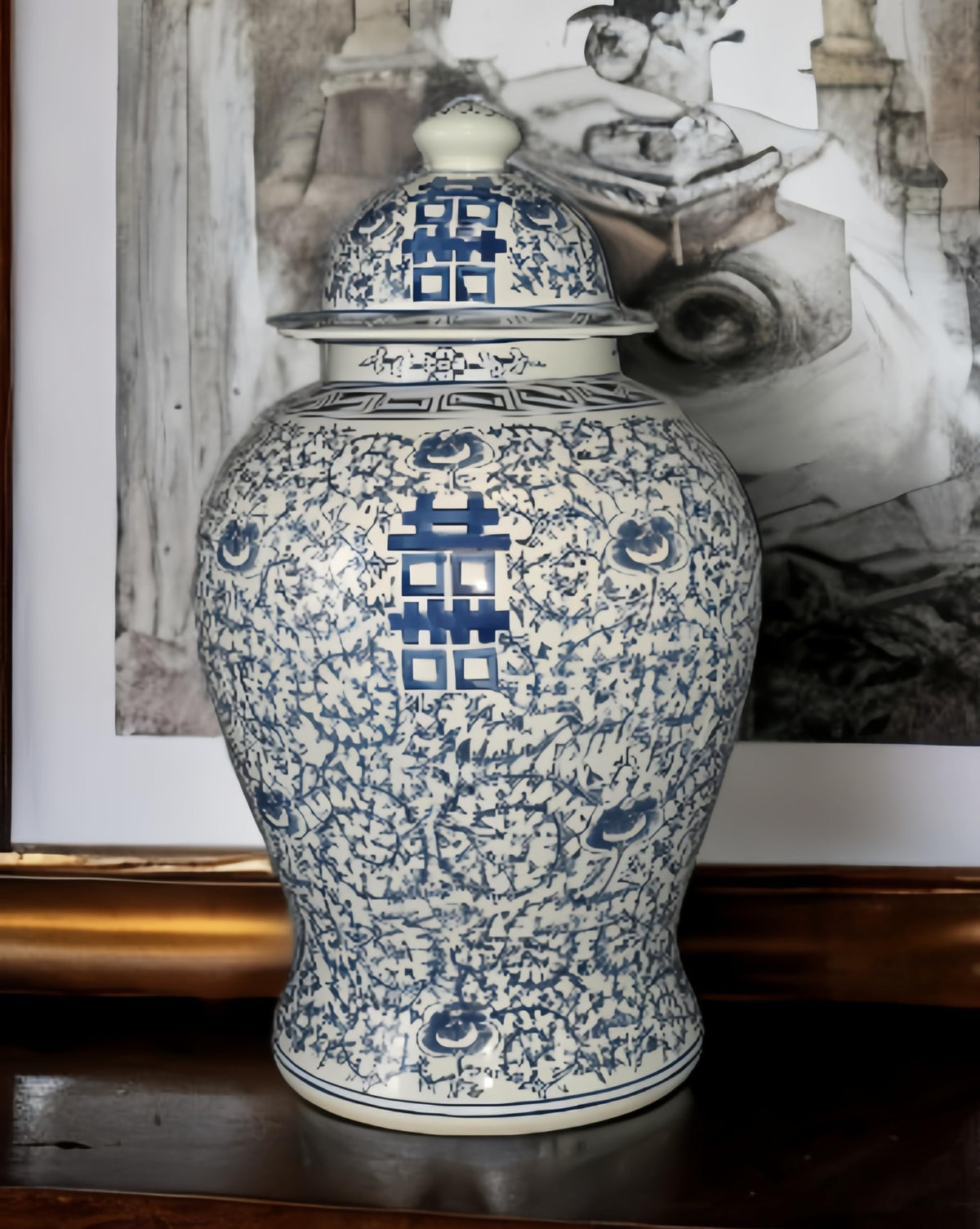 Blue and White Lotus Ginger Jar, 19 Inch