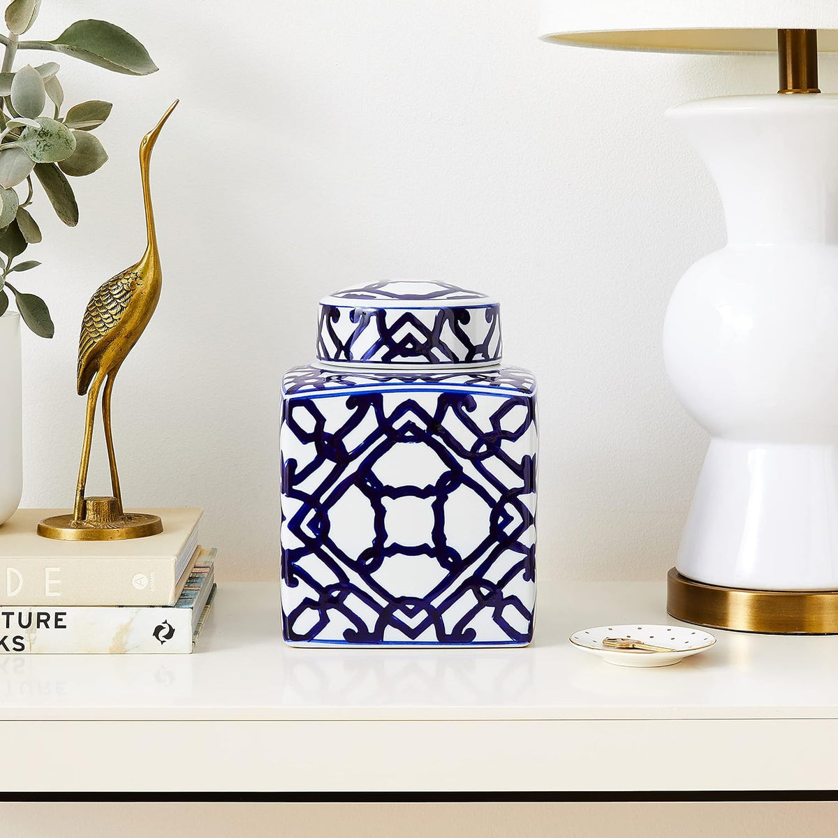Square Ceramic Ginger Jar with Lid, Blue and White