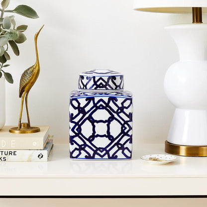Square Ceramic Ginger Jar with Lid, Blue and White