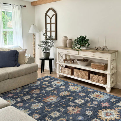 Washable Area Rug, Delft Blue Vintage Floral