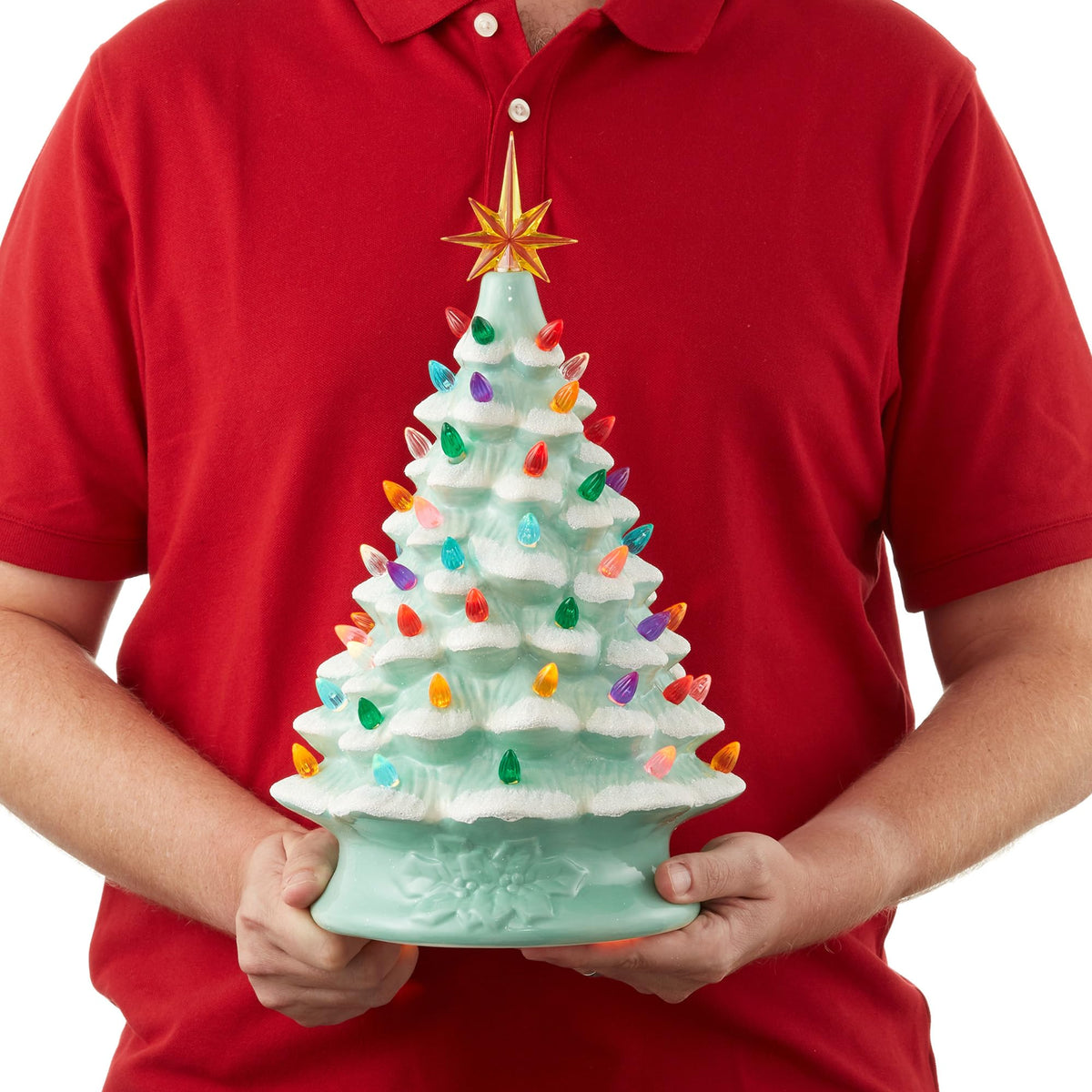 Hand Painted Ceramic Christmas Tree, 15 Inch Pre-Lit