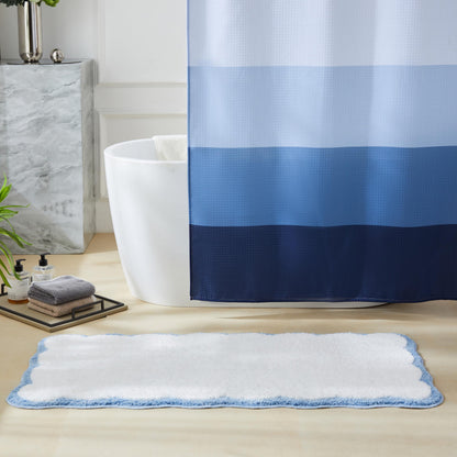 White Scalloped Bath Mat with Blue Piping
