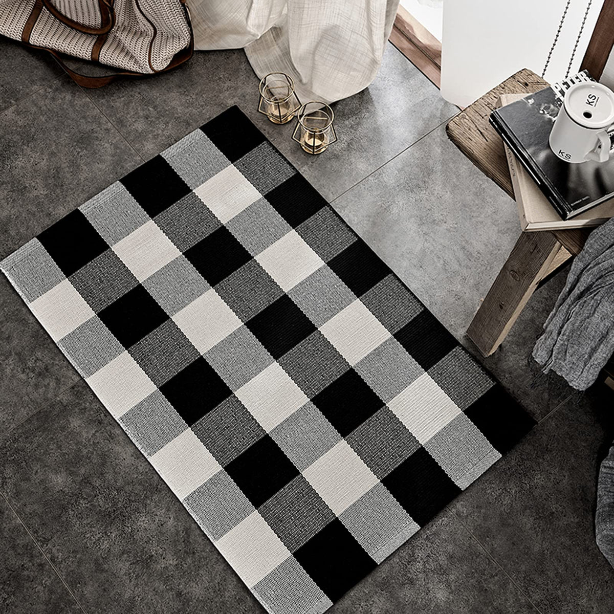SEEKSEE Blue Buffalo Plaid Porch Rug, 27.5x43