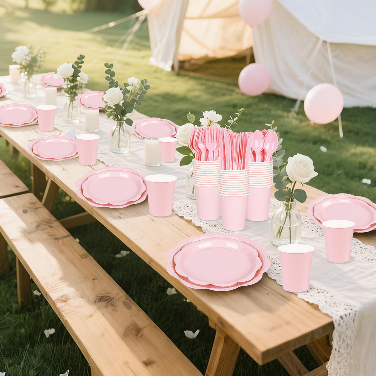 Blue Scalloped Paper Plates and Napkins, Serves 24