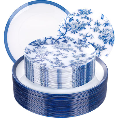 Blue Floral Plastic Plates, 60 Pieces