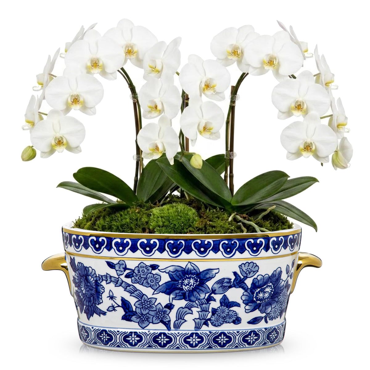 Blue Floral Oval Ceramic Cachepot, 10.6 in