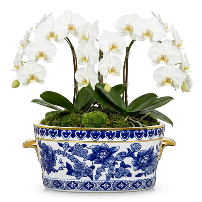 Blue Floral Oval Ceramic Cachepot, 10.6 in