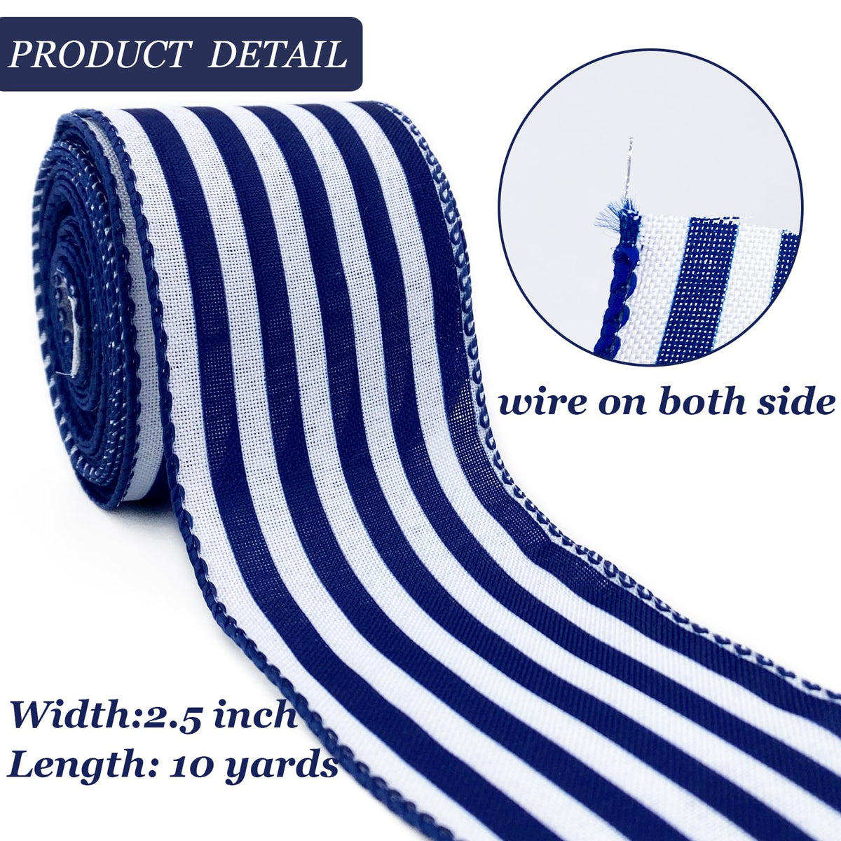 Royal Blue and White Striped Wired Ribbon, 2.5 Inch
