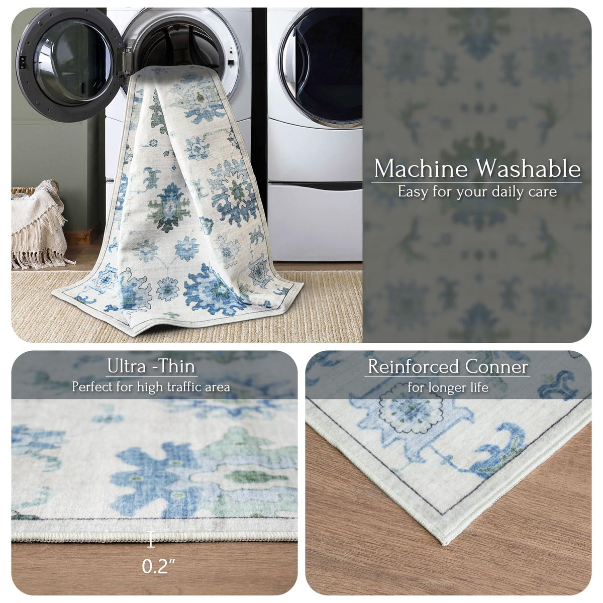 Washable Area Rug, Delft Blue Vintage Floral