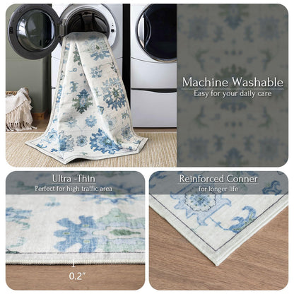 Washable Area Rug, Delft Blue Vintage Floral