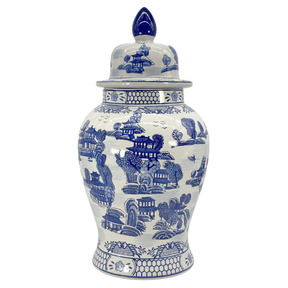 Large 25 Inch Blue and White Chinoiserie Temple Jar