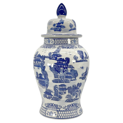 Large 25 Inch Blue and White Chinoiserie Temple Jar