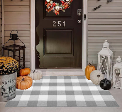 Light Blue Buffalo Plaid Cotton Door Mat, 24x35