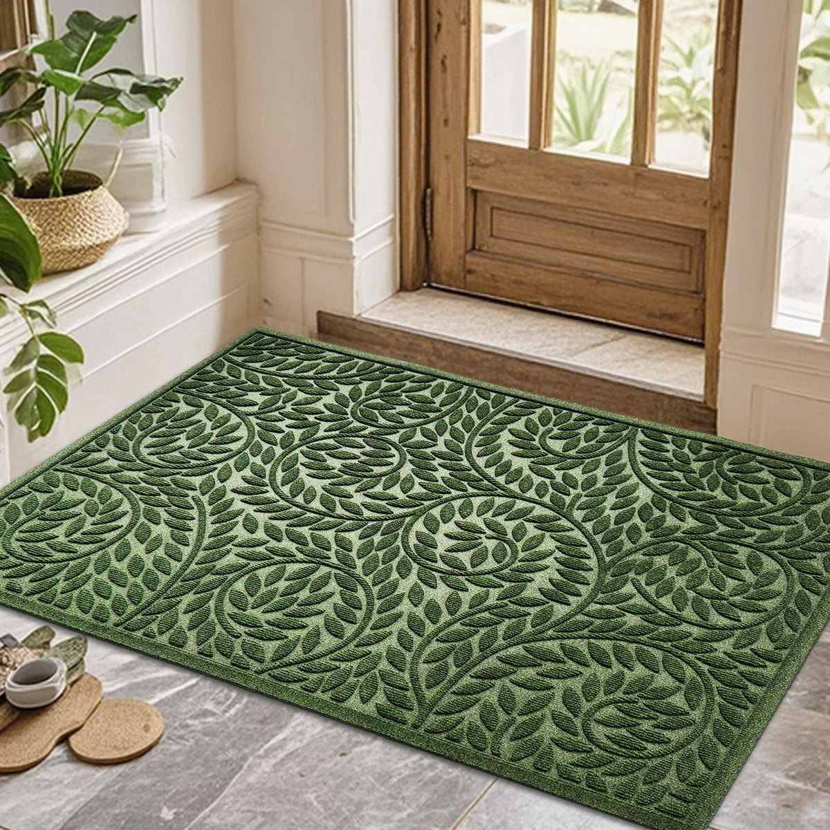 Blue Leaf Front Door Mat, Non-Slip Rubber