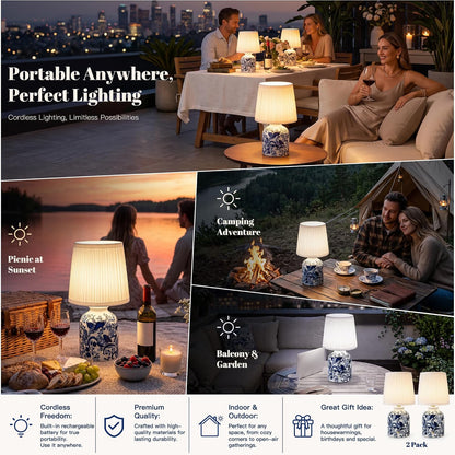 Blue and White Ceramic Cordless Lamps, Set of 2