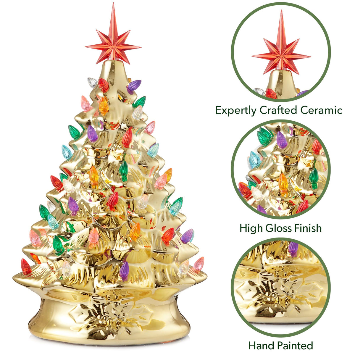 Hand Painted Ceramic Christmas Tree, 15 Inch Pre-Lit