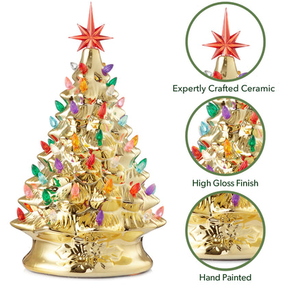 Hand Painted Ceramic Christmas Tree, 15 Inch Pre-Lit