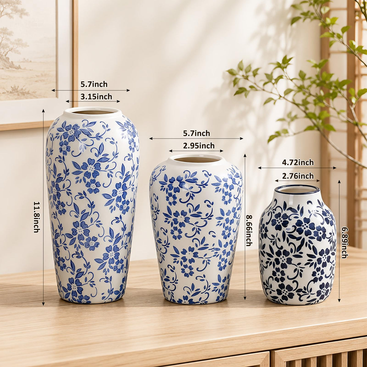 Set of 3 Blue and White Chinoiserie Vases