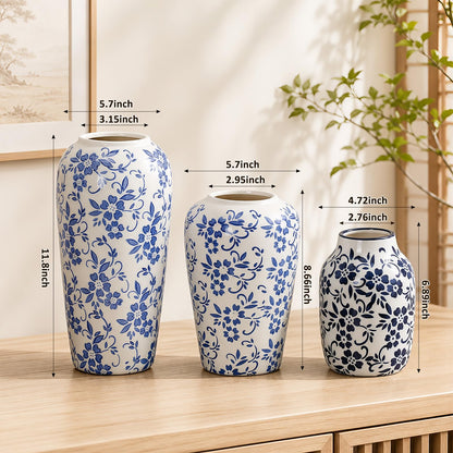 Set of 3 Blue and White Chinoiserie Vases