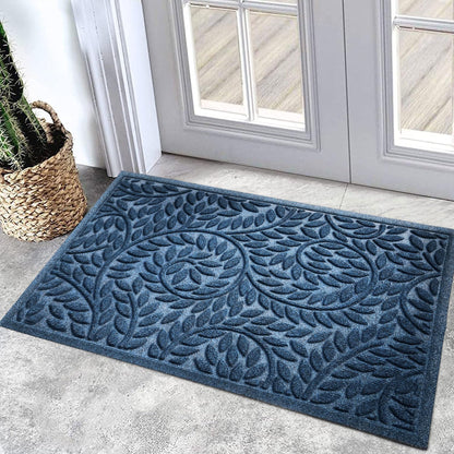 Blue Leaf Front Door Mat, Non-Slip Rubber