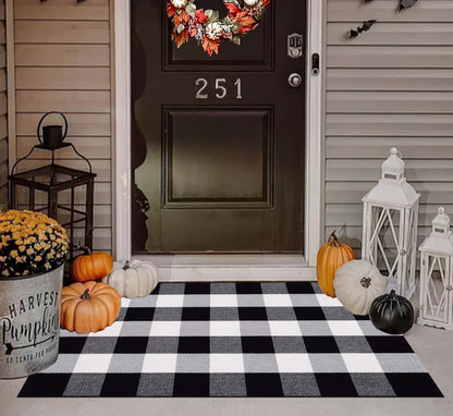 Light Blue Buffalo Plaid Cotton Door Mat, 24x35