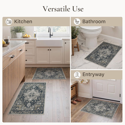 Blue Floral Boho Bath Mat, 24 x 17