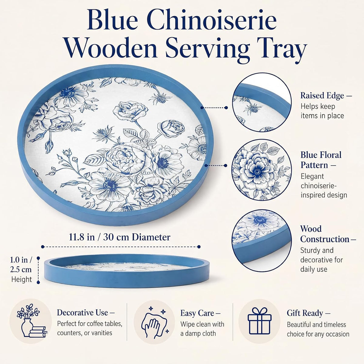 Blue Chinoiserie Round Wooden Tray, 11.8 Inch