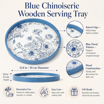Blue Chinoiserie Round Wooden Tray, 11.8 Inch