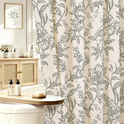 Blue Floral Linen Blend Shower Curtain