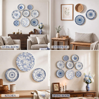 Blue and White Ceramic Wall Plates with Hangers, Set of 8