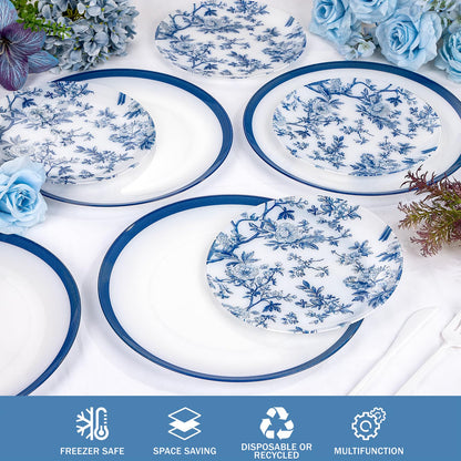 Blue Floral Plastic Plates, 60 Pieces