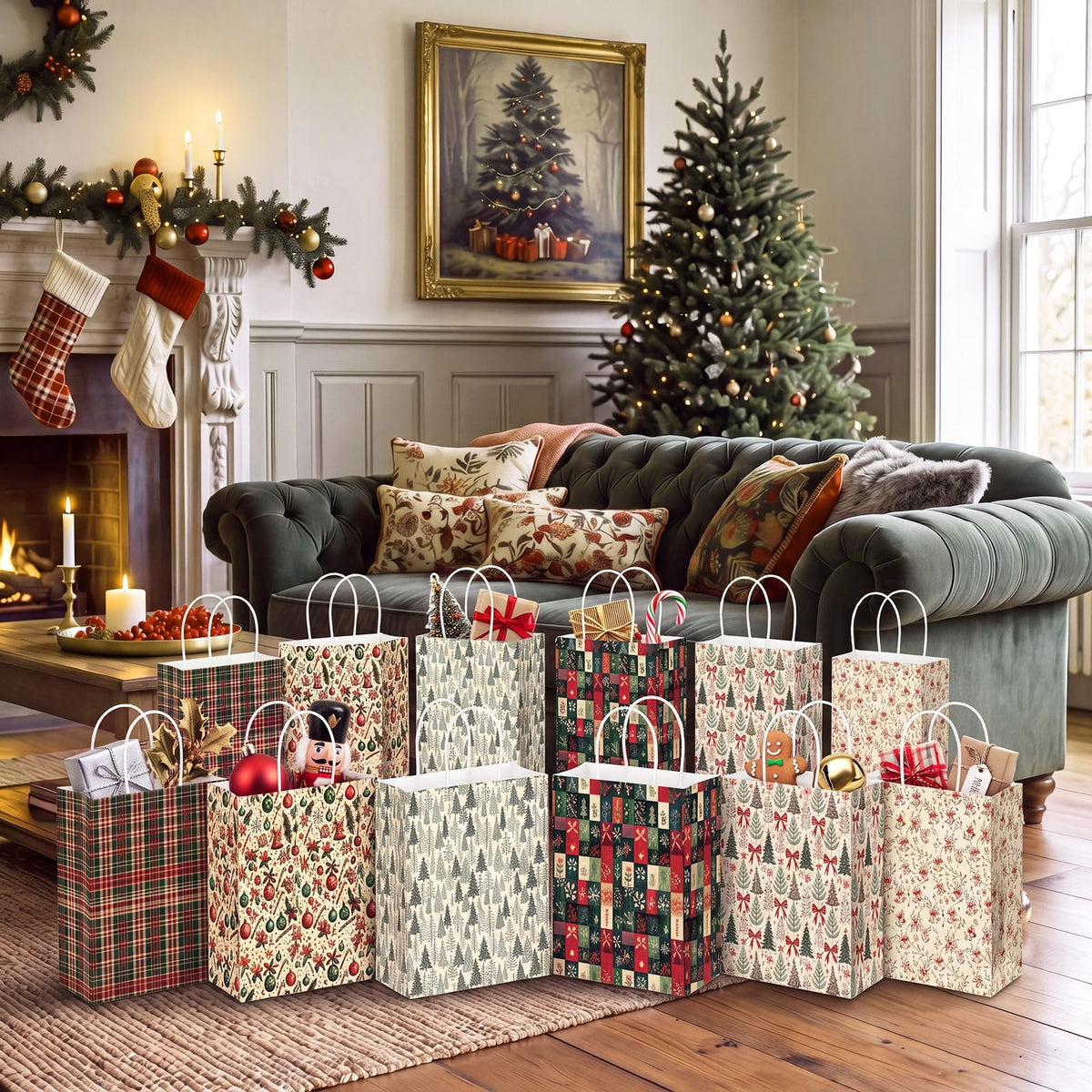 Blue Toile Christmas Kraft Gift Bags, Set of 18