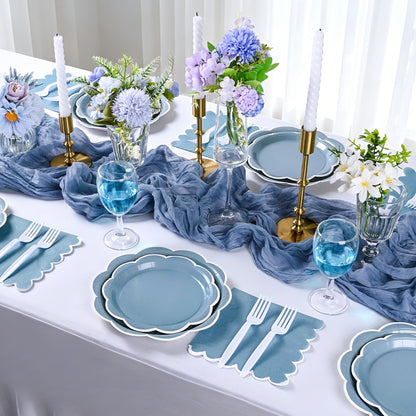 Blue Scalloped Paper Plates and Napkins, Serves 24