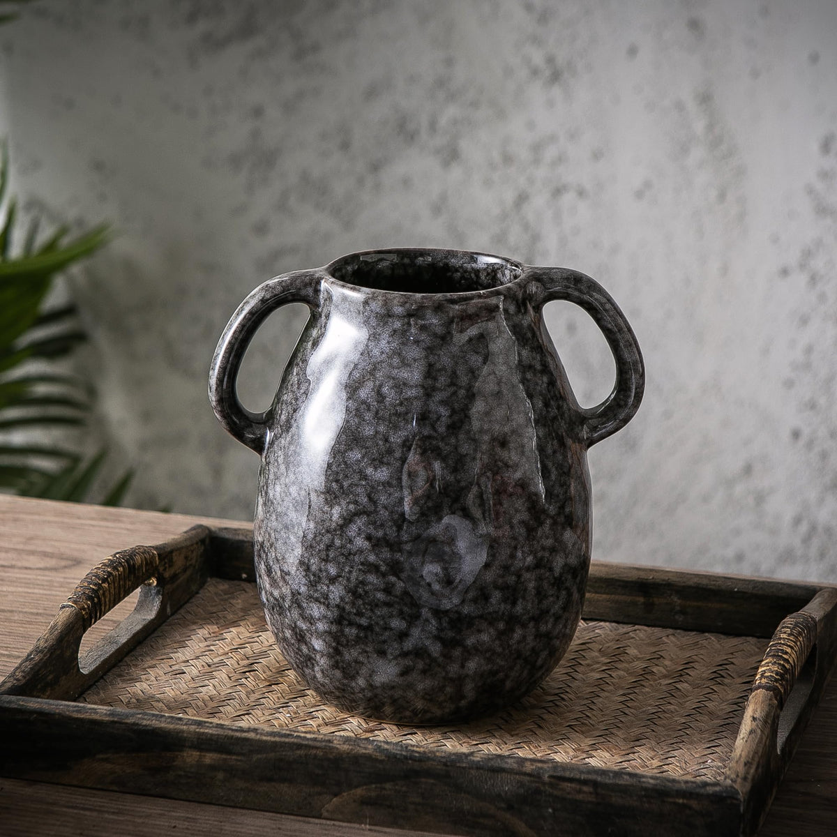 Blue Ceramic Vase with Two Handles