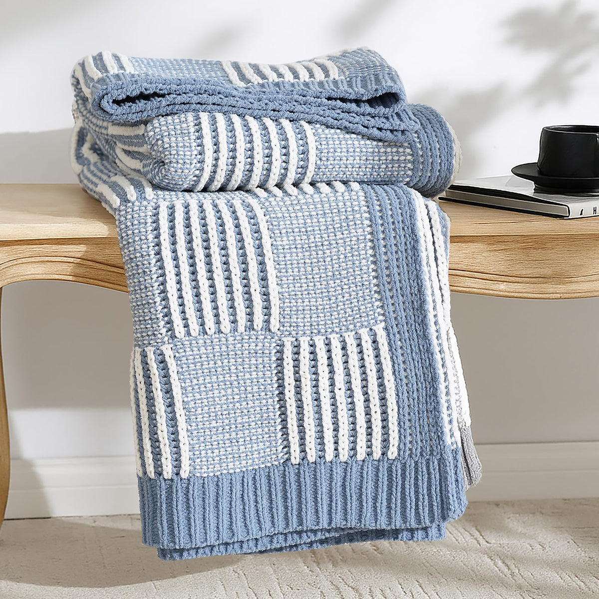 Checkered Knit Throw Blanket, Blue, 50 x 60 Inch