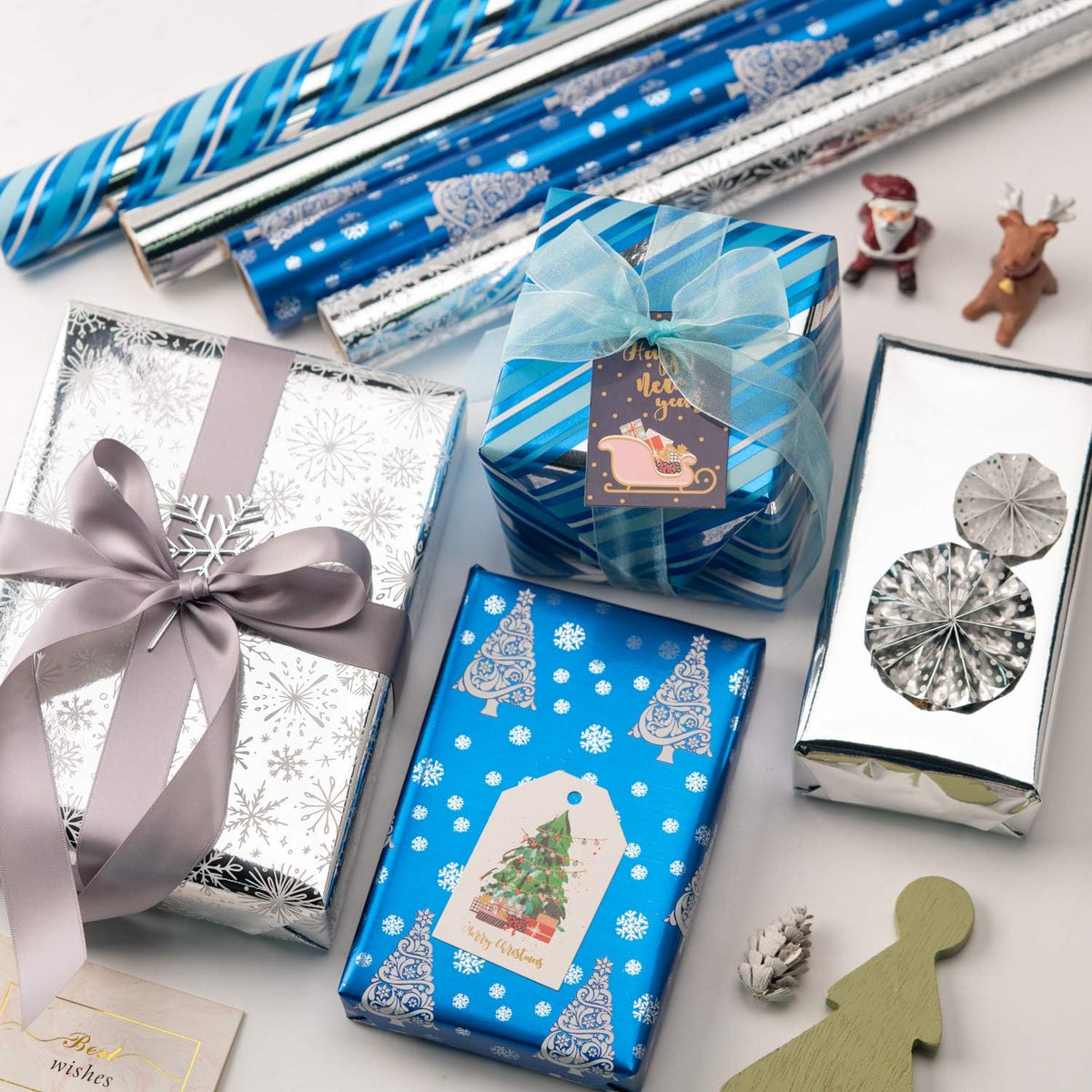 Christmas Wrapping Paper Rolls, Blue and Silver, 4 Rolls