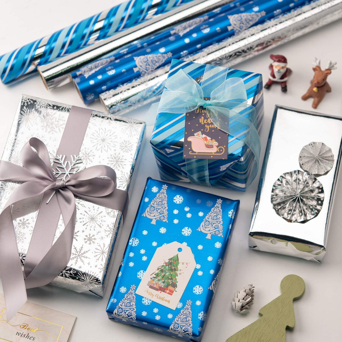 Christmas Wrapping Paper Rolls, Blue and Silver, 4 Rolls