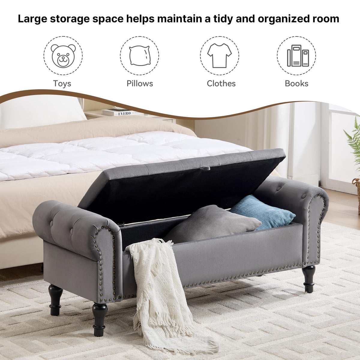 Navy Velvet Tufted Storage Bench