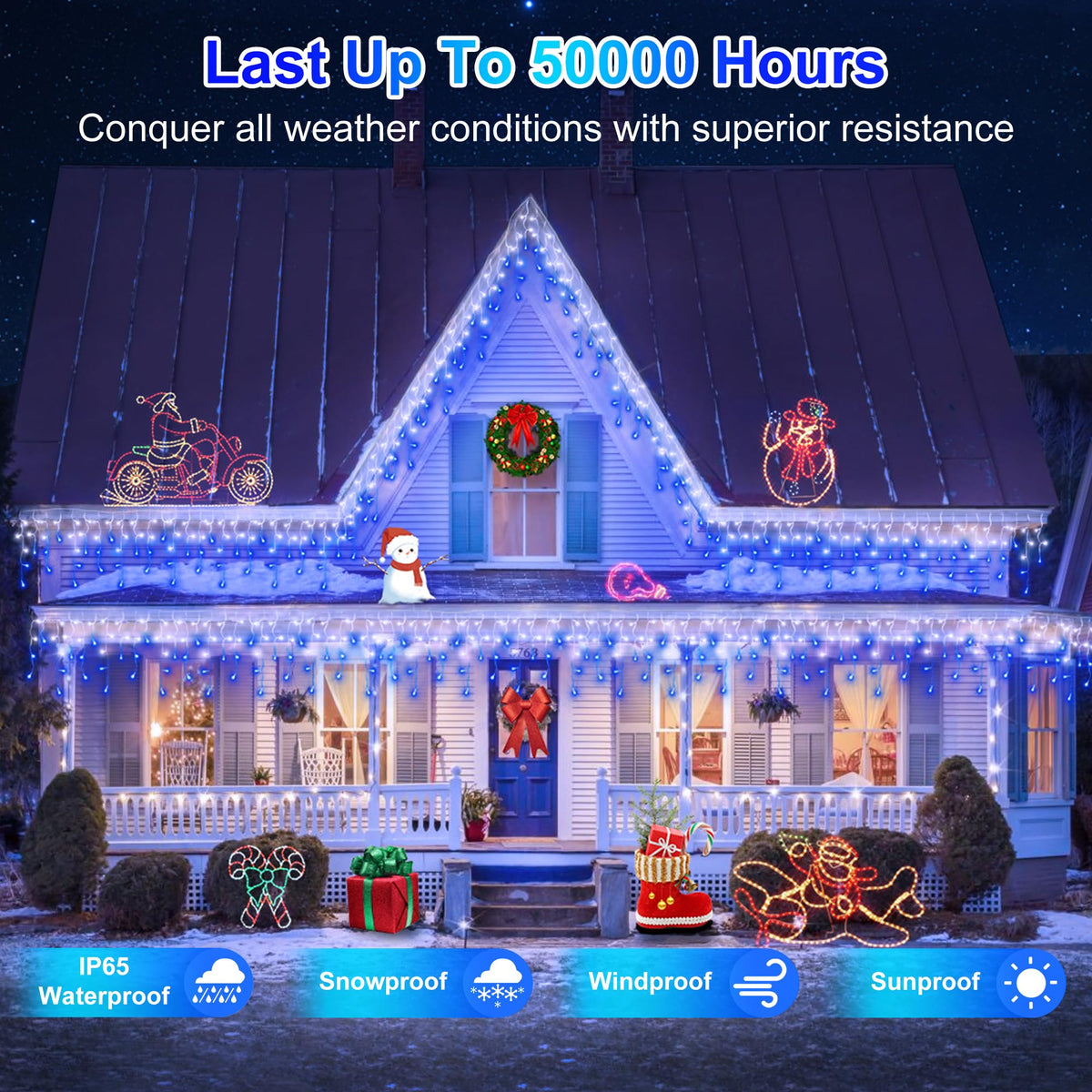 Blue and Cool White Icicle Lights, 164 ft