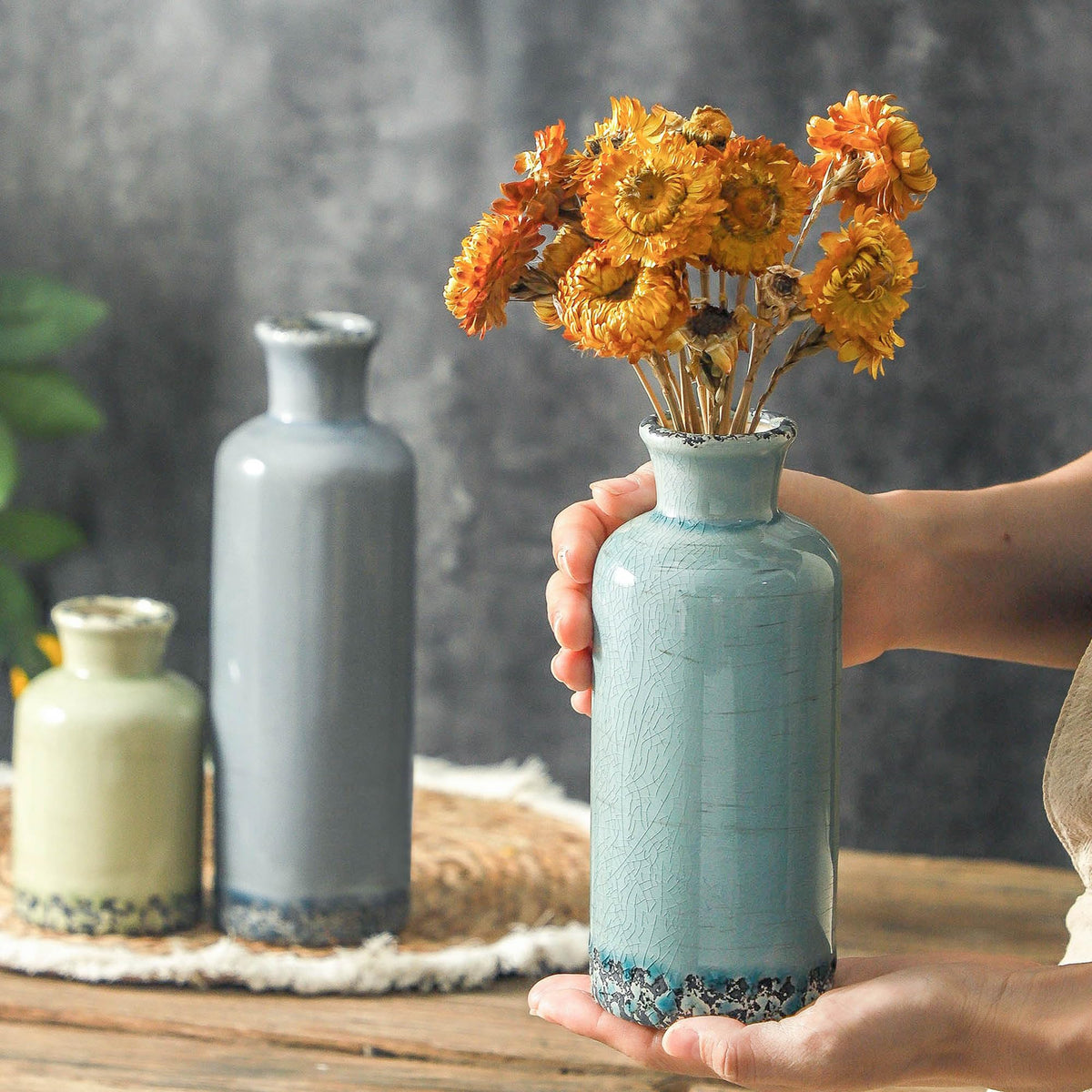 Vintage Blue and White Ceramic Vases, Set of 3