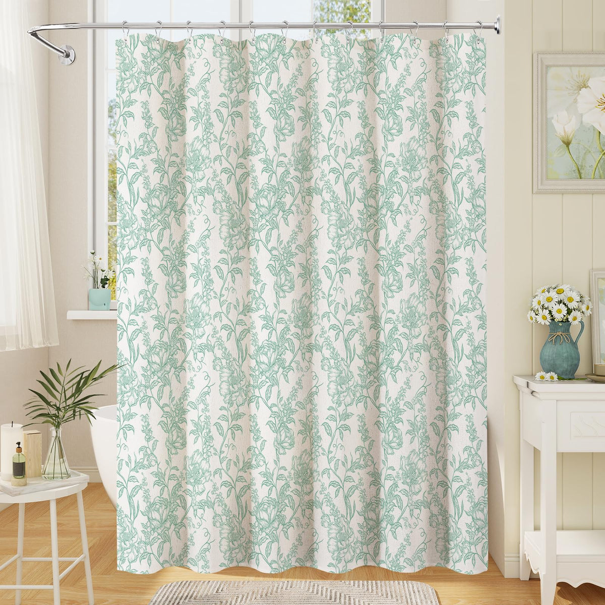 Blue Floral Linen Blend Shower Curtain