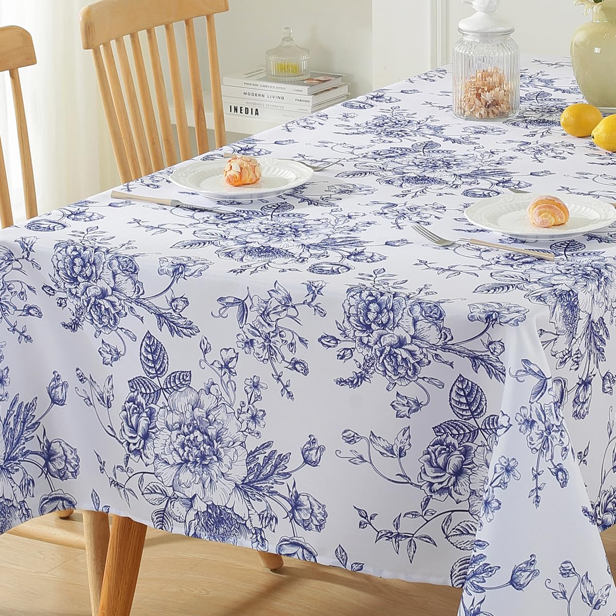 Blue and White Floral Tablecloth, Rectangle