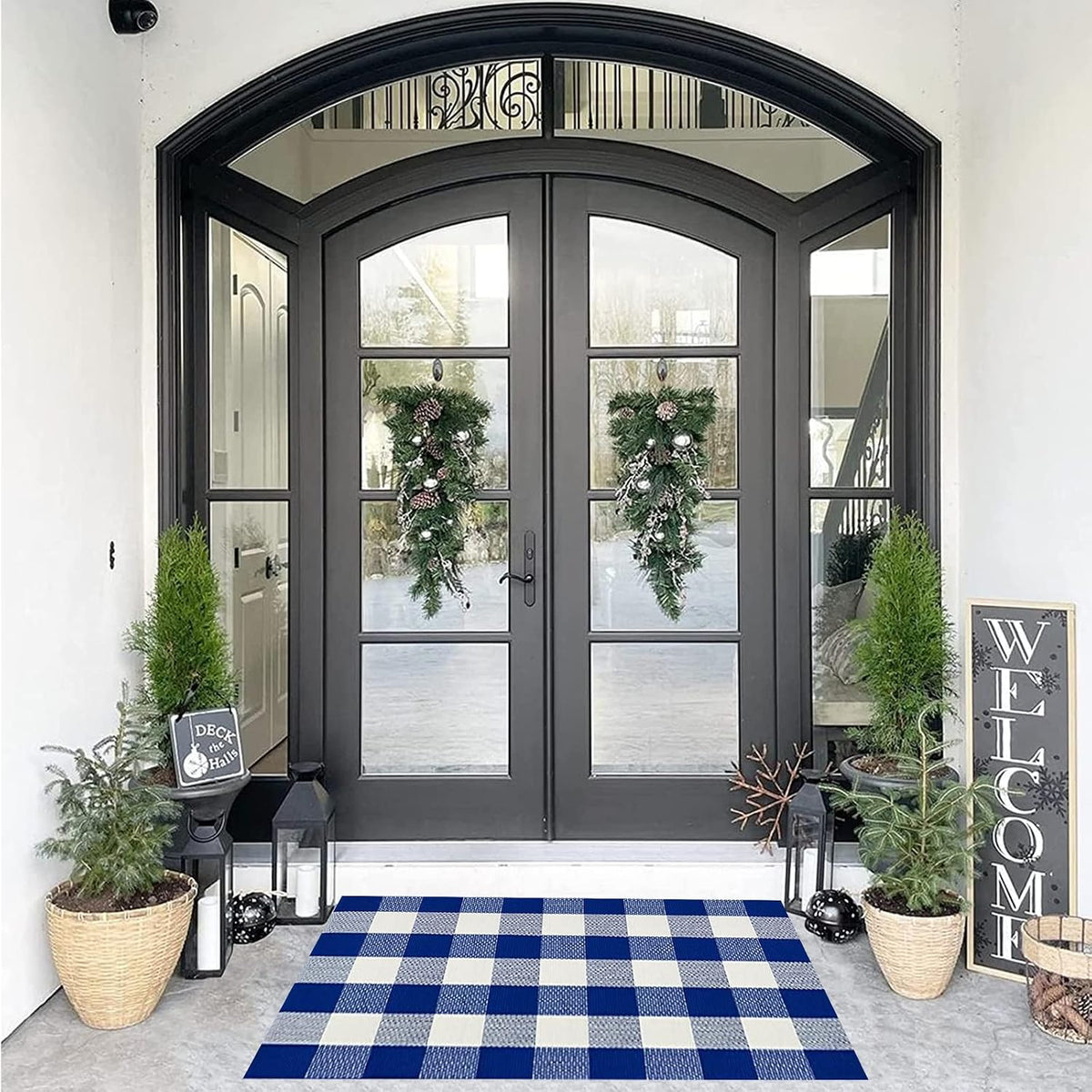 SEEKSEE Blue Buffalo Plaid Porch Rug, 27.5x43