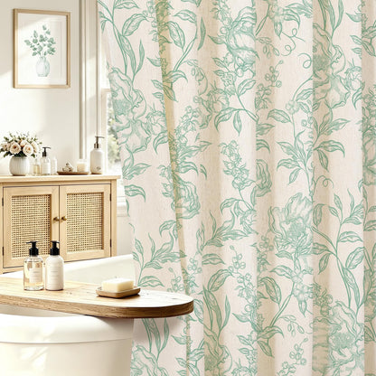 Blue Floral Linen Blend Shower Curtain