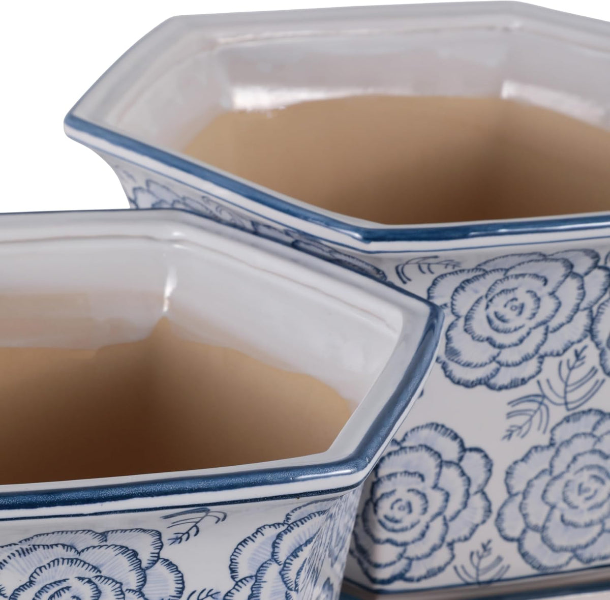 Blue and White Chinoiserie Planters with Saucers, Set of 2
