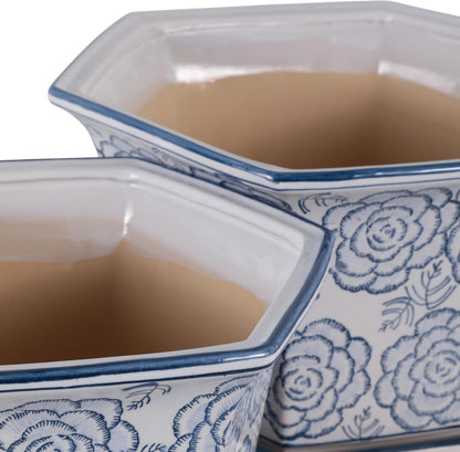 Blue and White Chinoiserie Planters with Saucers, Set of 2