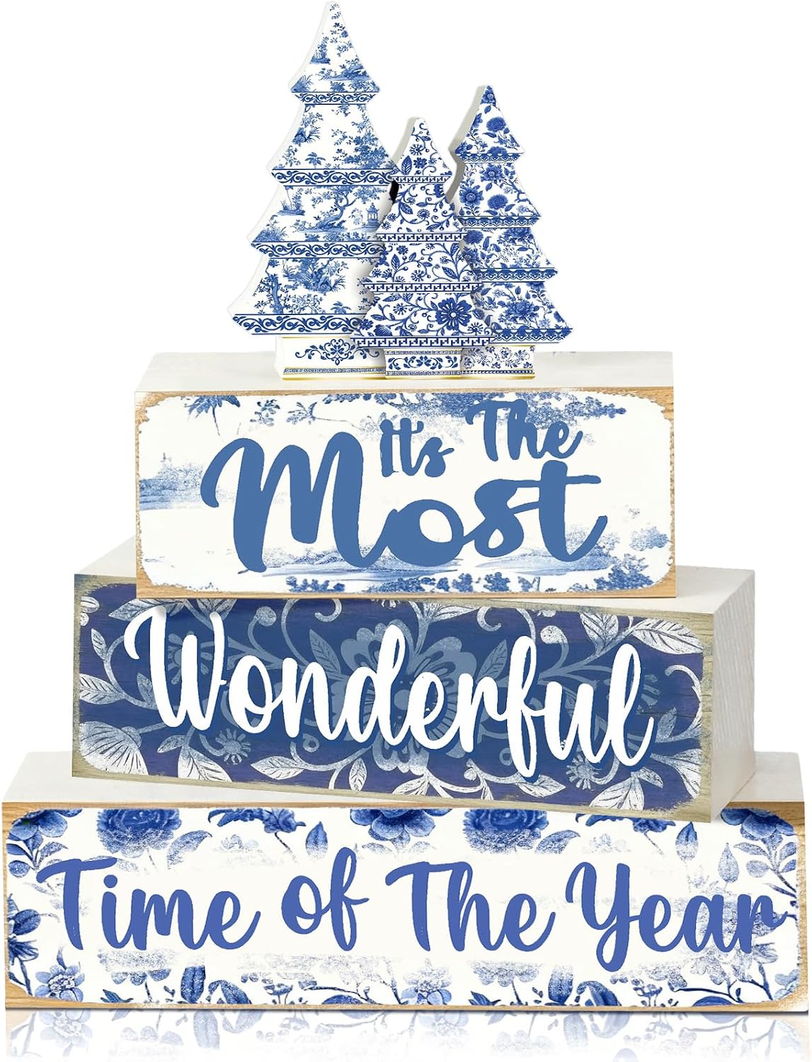 Blue and White Christmas Wood Block Signs, Set of 4