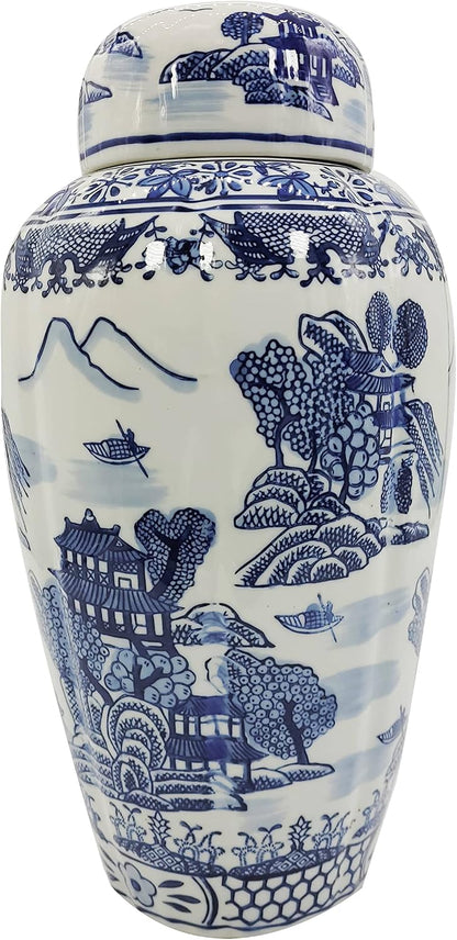 Galt Blue and White Temple Landscape Ginger Jar, 16 Inch