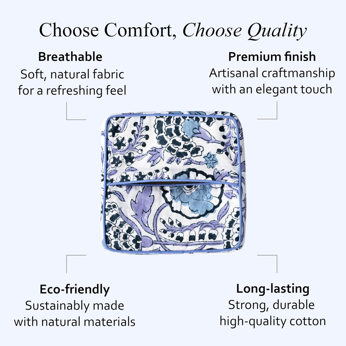 Block Print Cotton Tissue Box Cover, Apatite Blue